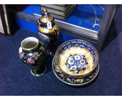 Limoges Vase - dark blue & gilt with floral enamel plaque to the centre. Complete with Lid, Height 13 Inches. Together With A