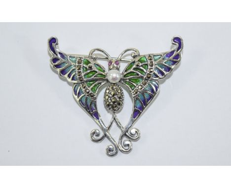 Silver Enamel Butterfly Brooch  Decorative butterfly brooch with marcasite detail to body and green and blue enamelling to wi