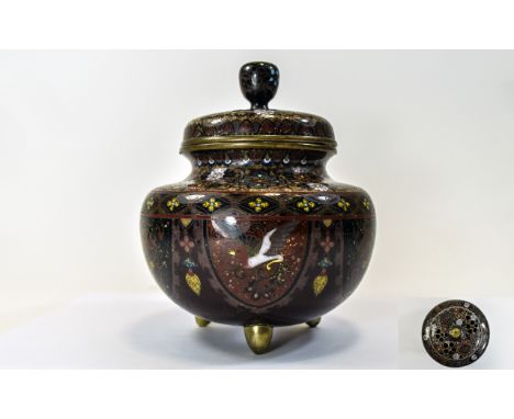 Japanese Early 20th Century Nice Quality Closonie and Enamel Censor, Raised on 3 Feet. Decorated with Images of Exotic Birds,