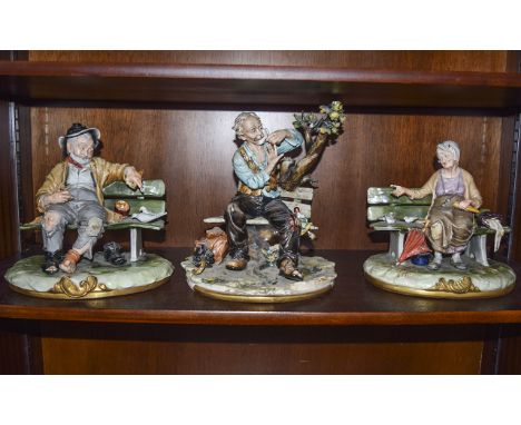 3 Assorted Capo Di Monte Figures, including tramp on bench, lady on bench feeding the birds & man on bench shaving. AF 