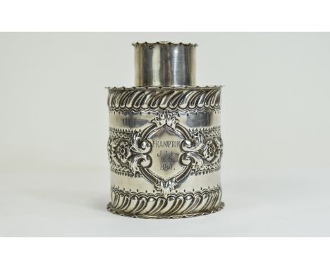 A Round Silver Tea Caddy / Canister. 2.1/4 Diameter x 3 Inches High, with Embossing. Hallmark London 1894. 1 x Vacant Cartouc