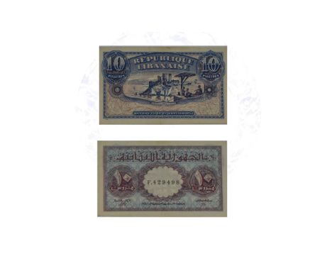 Lebanon - Republic Libanaise 10 Piastres, Date 21 January 1948, Serial Number F.429498, Maroon and Light Blue, Serial Number 