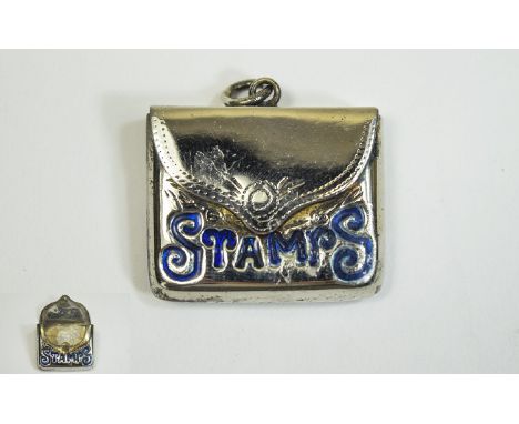 Enamel Stamp Box  Pretty envelope design with hinged closure and blue enamelled 'Stamps' to front