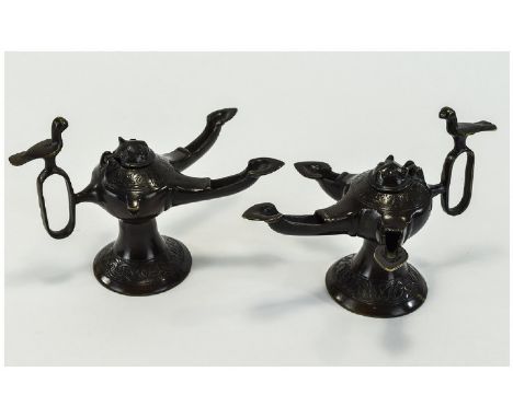 Pair Of Bronzed Egyptian Style Aladdin Lamp Oil Burners