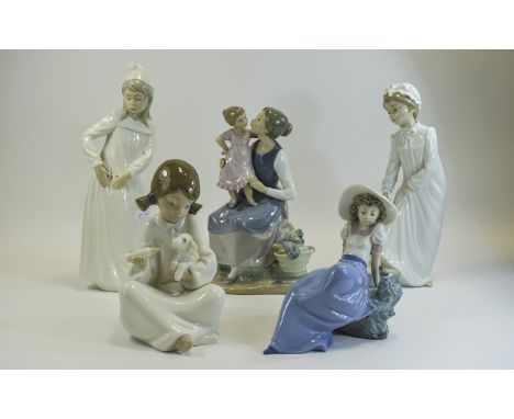 Collection Of Five Nao Figures Comprising "Listening to the birds' songs", Girl Feeding Lamb, Boy Washing His Feet, 