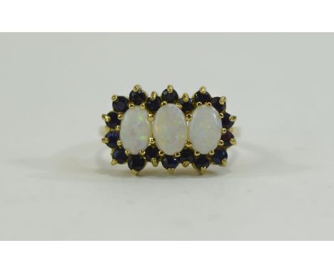 Ladies 9ct Gold Set Opal and Sapphire Dress Ring. The 3 Central Opals Surrounded by Sapphires. Fully Hallmarked. 
