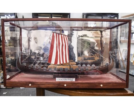 Scratch Built Model Of The Oseberg Viking Ship, Housed In A Custom Built Perspex Case, Ship Approx 30 Inches In Length
