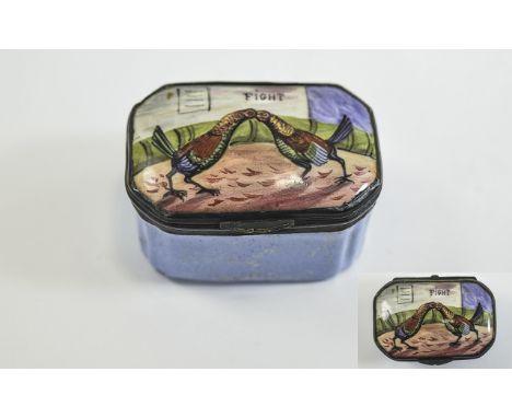 A Bilston Enameled Patch Box From The Regency Period With a Cock Fighting Scene on Lid. In Excellent Condition, No Cracks and