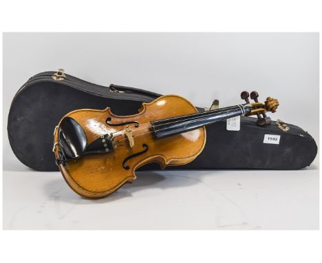 Cased Violin with Bow Housed in original case with blue velvet lining, light wood, Chinese made. Label to inside features Chi