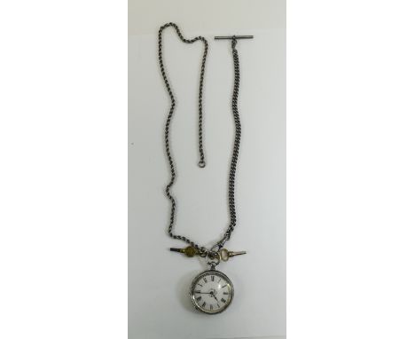 George V - Ladies Silver and Ornate Pocket Watch with White Enamel Dial, Black Numerals, Embossed Back, with Attached Two Sil