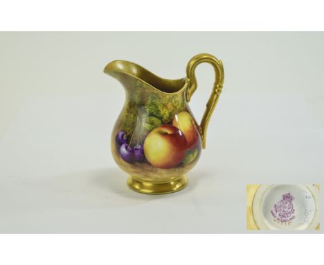 Royal Worcester Hand Painted and Signed Helmet Shaped Jug ' Fallen Fruits ' Stillife - Berries and Apples. Signed H. Aryton. 