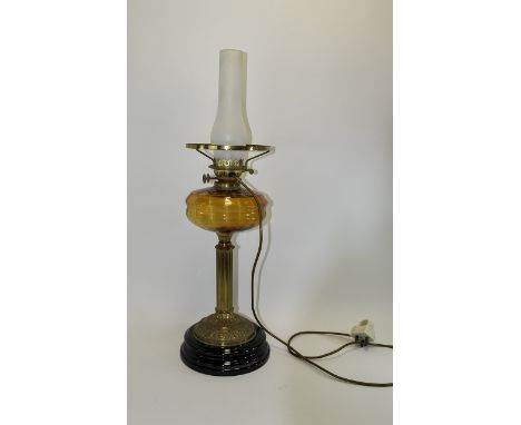 Antique - Impressive Brass and Heavy Column and Glass Oil Lamp, Converted to Electric But Can Use Oil. Raised on a Circular S