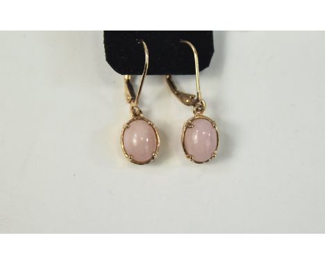 Pink Opal Drop Earrings, oval cut cabochons of pink opal, mined in Peru, set as solitaire drops from rose gold vermeil and si