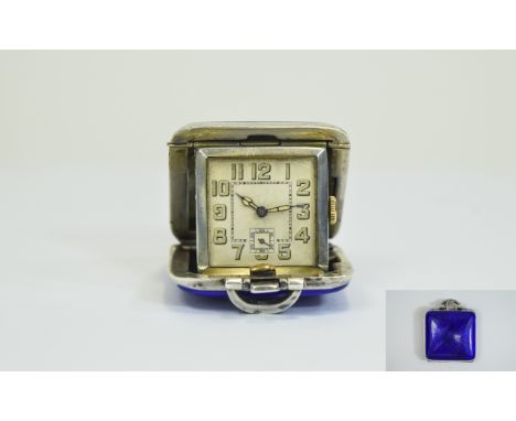 Art Deco - English Fine Quality Silver and Enamel Push Button Travellers Pendant Watch, Blue Enamel Case with 15 Jewels and R