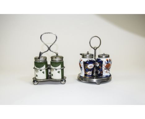 Antique ( 2 ) Silver Plated and Ceramic 3 Piece Cruet Sets with Stands. Nice Quality. Each Set Stands 5.5 & 6 Inches High. 