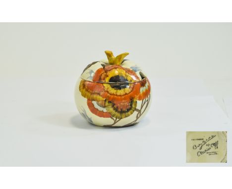 Clarice Cliff Hand Painted Globe Shaped Lidded Preserve Pot ' Rhodanthe ' Pattern. c.1934. 3.5 Inches High. Condition - 2 Nic