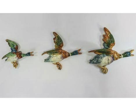 Beswick Trio / Set of Flying Bird Wall Plaques In The Form of Mallard Flying Ducks - Large, Medium and Small. Issued 1938 - 1