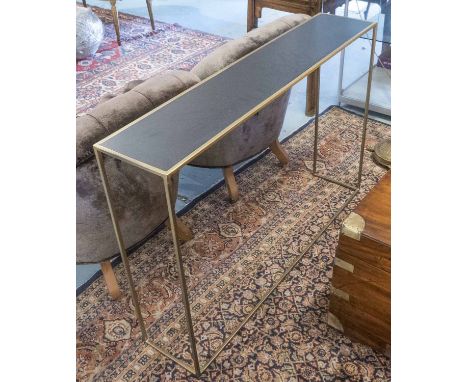 CONSOLE TABLE, gilt metal framed with a rectangular slate effect top, 119cm W x 80cm H x 25cm D. 