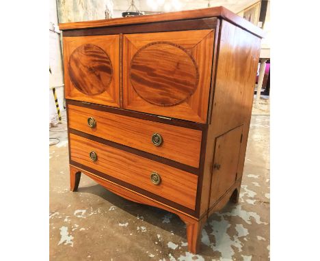 SIDE CABINET/COMMODE, Regency mahogany with cross banding and fall front with oval inlaid detail, 70cm x 46cm x 77cm H.