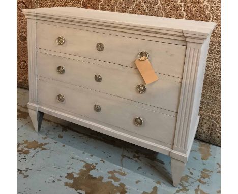 COMMODE, 19th century Gustavian style traditionally grey painted and silvered metal mounted with three long drawers, 107cm x 