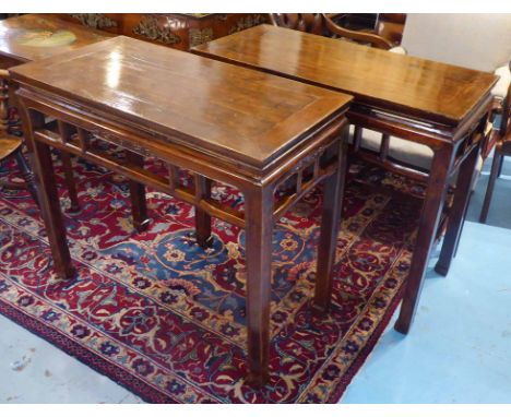 CONSOLE TABLES, a pair, 19th century Chinese, elm with carved detail and decorative frieze, 48cm x 98cm x 87cm H. (2)