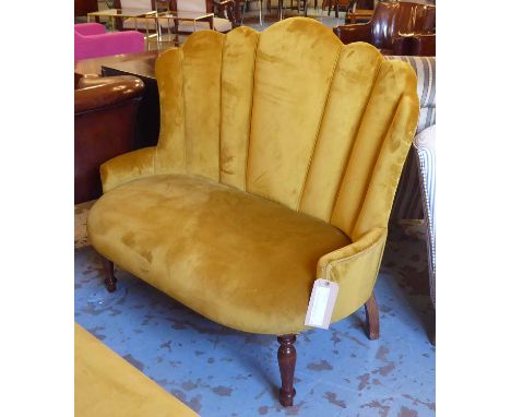 SOFA, with a fan back and gold upholstery on short turned front supports, 116cm L x 100cm H. 