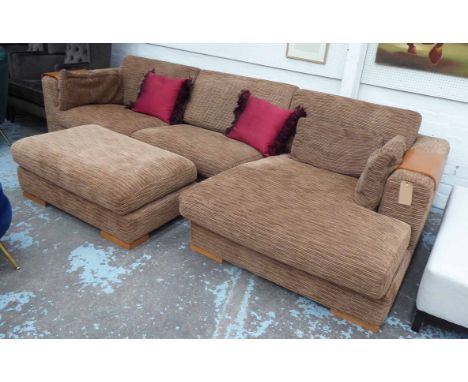 CORNER SOFA, in brown fabric on block supports, 346cm x 162cm plus matching footstool. (2)