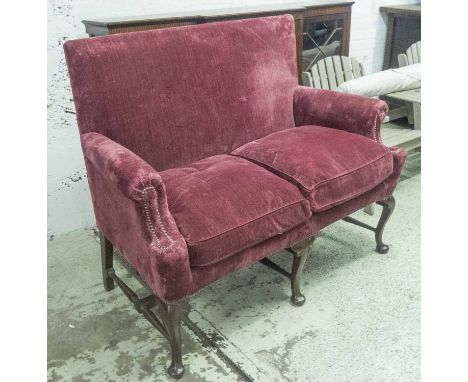 SOFA, two seater, Georgian design with burgundy upholstery raised on stretchered cabriole supports, 134cm x 109cm H x 73cm. 