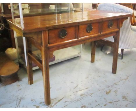 CHINESE CONSOLE TABLE, elm with a rectangular top above three short drawers, 142cm W x 83cm H x 50cm D. (with faults)