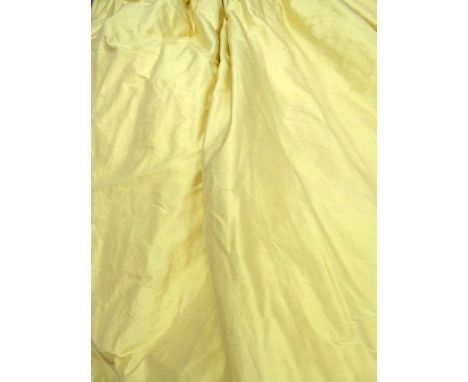 CURTAINS, two pairs, gold silk, lined and interlined one pair 190cm gathered by 233cm drop the other pair 120cm gathered by 2