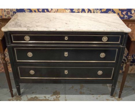 DIRECTOIRE STYLE COMMODE, French ebonised and silvered metal mounted with three long drawers and marble top, 88cm H x 113cm W
