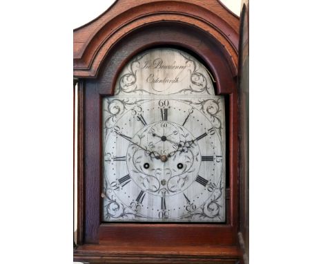 Jn Breakenrig Edinburgh; a George III oak longcase clock, with moulded arched hood, freestanding fluted pilasters, moulded ar