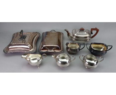 A Regency style three piece rounded rectangular tea service, Roberts &amp; Belk, two George III style entree dishes, sauce bo