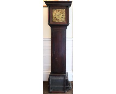 And. Padbery Bpps Waltham; a George III oak longcase clock, the square hood with rounded freestanding columns, long moulded t