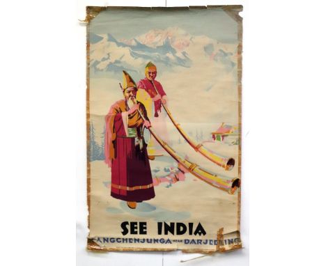 A vintage travel poster; See India, Kangchenjunga, Near Darjeeling, circa 1950's, lithograph in colours, issued by the Touris