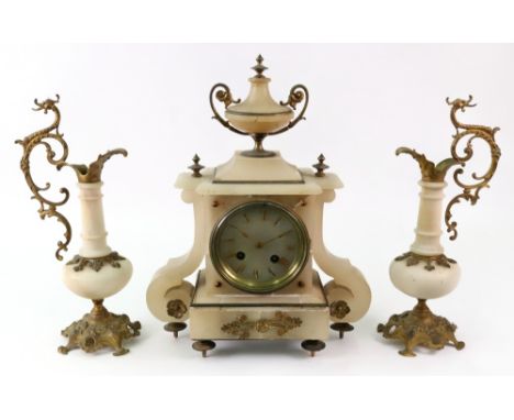 A French alabaster gilt metal mounted mantel clock, late 19th century, surmounted by a classical urn, with scrollwork sides, 