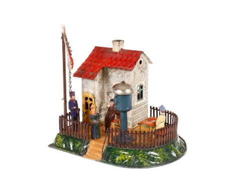 Märklin Wärterhaus 2147 R, uralt, HL, Rauputz, mit Signal und Läutewerk, Läutewerk ersetzt und lose, Bodenplatte und Tisch na