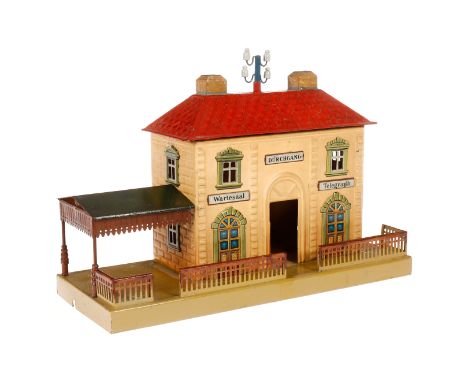 Märklin Bahnhof mit Seitenhalle und Zaun 2000 F, HL und CL, für Kerzenbeleuchtung, mit Pantograph, Dach nachlackiert, Bodenpl