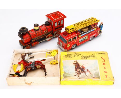 Konv. 3 Blechspielzeuge, Quercetti ”Sulky”, Uhrwerk intakt, ohne Schlüssel, K Japan Feuerwehr und TM Japan Lok, batteriebetri