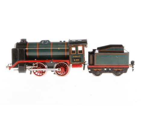 Märklin B-Dampflok R 910, Spur 0, Uhrwerk intakt, blau/schwarz, mit Tender und kW, Schwarzbereich vom Tender nachlackiert, LS