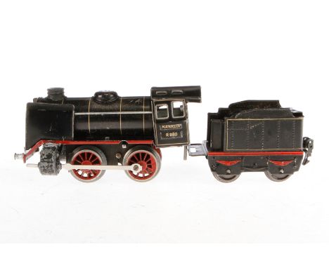 Märklin B-Dampflok R 880, Spur 0, Uhrwerk intakt, schwarz, mit Tender, LS, im besch. OK, Z 4