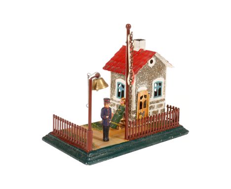 Märklin Bahnwärterhaus 2144 R, uralt, HL, Rauputz, mit Glocke, Signal, Sitzbank und 2 neuen Steckfiguren, Signal und Glocke e