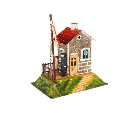 Märklin Wärterhaus 2143 R, uralt, HL, Rauputz, mit Stuhl, Signal und 2 NB-Figuren, L 15, Z 2