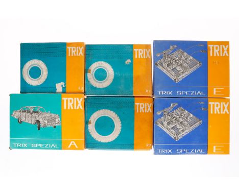 3 Trix Spezial Metallbaukästen A und 2x E, dazu 3 Trix Rad-Sets R 3 und 2x R 2, vollständig, tw Lagerspuren, mit 3 Anleitunge