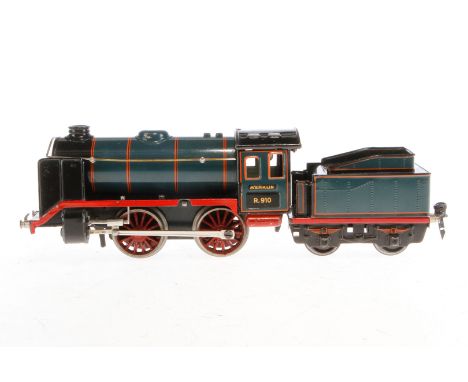 Märklin B-Dampflok R 910, Spur 0, Uhrwerk intakt, blau/schwarz, mit Tender und kW, LS tw ausgeb., gealterter Lack, Z 2-3