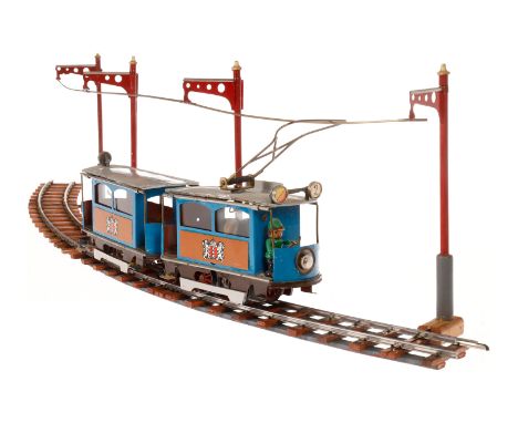Straßenbahnanlage, Spur 0, elektr., Stromabnahme über Pantograph, Eigenbau, ähnlich Carette, mit 40 Stützen, Schienen mit Hol