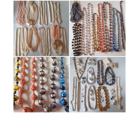 A quantity of vintage costume jewellery to include simulated pearl necklaces to include a Chomel pink multi-string example, V