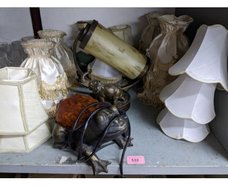 A selection of lighting items to include a 1930s elephant light with glass cylinder shade A/F, a modern frog lamp, and a sele