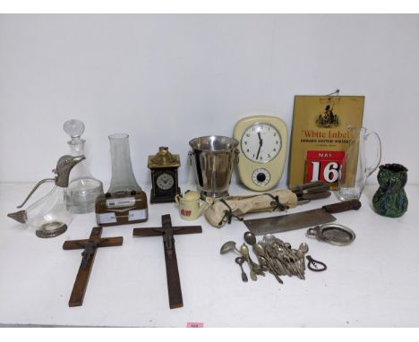 A mixed lot of kitchenalia and other items to include a silver plated and glass duck claret jug, a Dewar's Scotch Whisky Whit