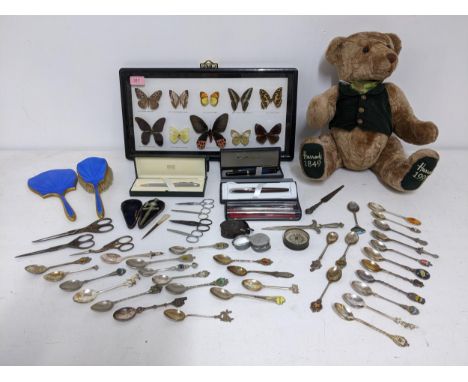 A mixed lot to include 50-year commemorative Harrods teddy bear, a butterfly montage wall picture, cased champagne tap, colle